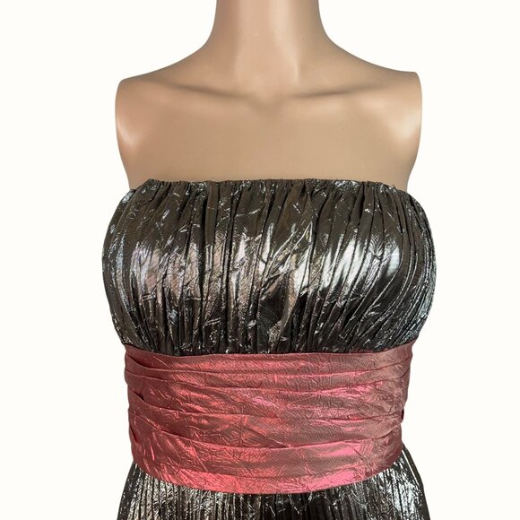 Precious Formals Metallic Silver Strapless Gown Pleated with Scarlet Band Sz 12 - Picture 3 of 10